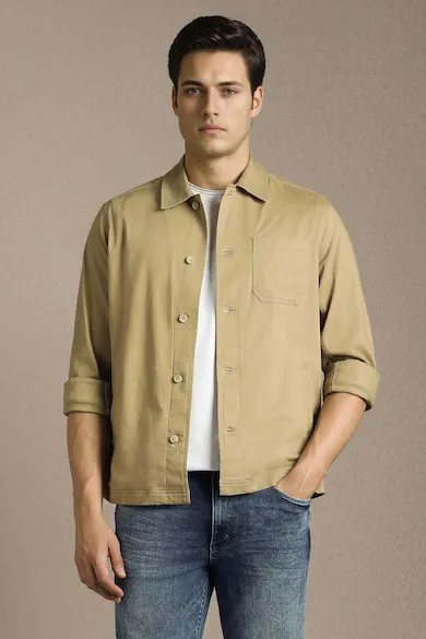 Men Casual Khaki Solid Shacket